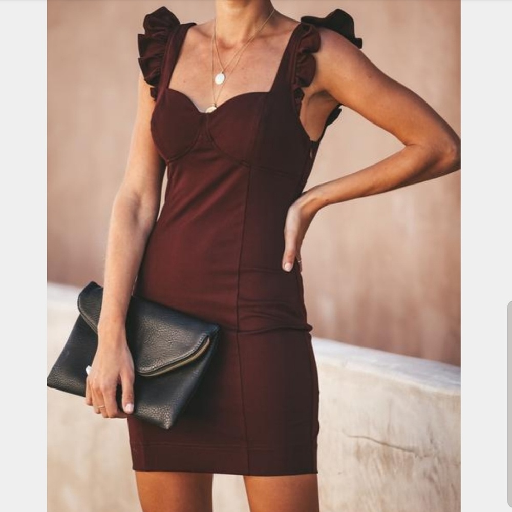 Sweetheart Bodycon Dress Wine Color Ruffles